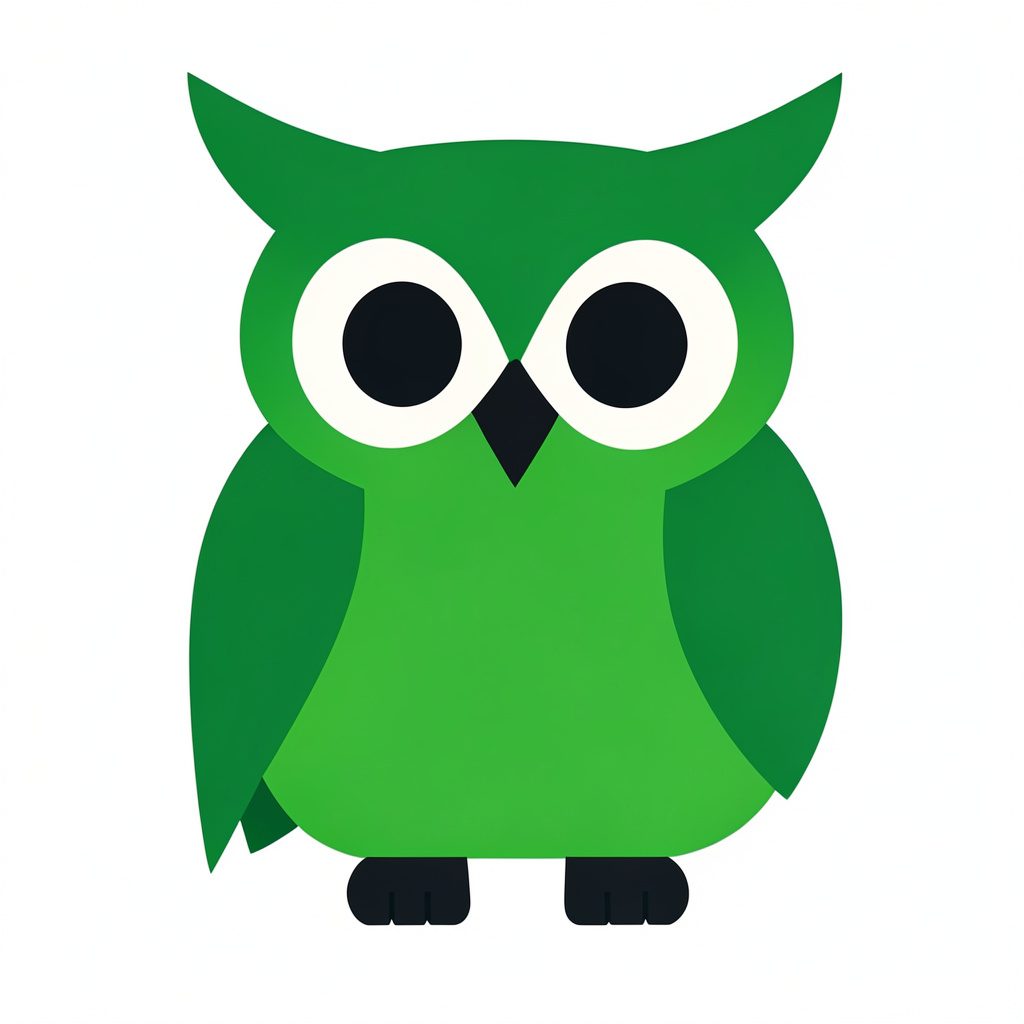 Flat vector illustration of overlapping owl and leaf shapes in muted olive green and warm tan, evoking a calm storefront neighborhood mood.