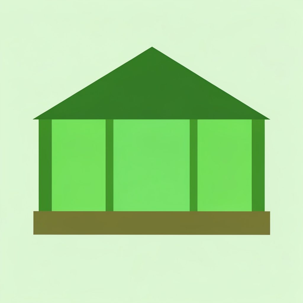 Flat vector illustration of a sunlit bakery storefront in warm cream and amber tones, with a striped awning and potted plants on the sidewalk, evoking a friendly neighborhood shop